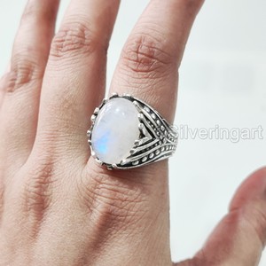 Bague en argent sterling 925 pour homme, pierre de lune arc-en-ciel naturelle bleue, pierre de naissance de juin, bijoux de mariage arabes, vente en gros - Product Image 1