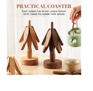 Natural <b>Wooden</b> Coaster Set of 4 With Tree Design Includes Stackable <b>Trivets</b> For Hot Dishes And Table Use From India - Product Image 4