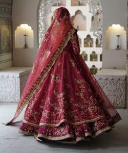 2025 @ Women's Beautiful Bridal <b>Red</b> Anarkali, <b>Lehenga</b> & Dupatta Dress with Embellished Dabka, Stone, Crystal Glass Beads work - Product Image 2