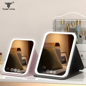 Foldable Makeup Mirror Desktop With Light LED Three-color Light Adjustable Brightness Large And Small