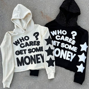 Sudadera con capucha de algodón con diamantes de imitación 360 GSM, jersey de gran tamaño con diseño recortado bordado, lavado para uso en invierno, Sudadera con capucha con cremallera personalizada - Product Image 3