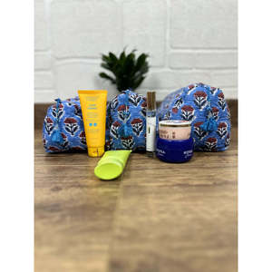 Block Print Bohemian Quilted <b>Wash</b> <b>Bag</b> <b>Set</b> of 3 Embroidered Logo Makeup Organizer for Storage with Zipper Closure - Product Image 2