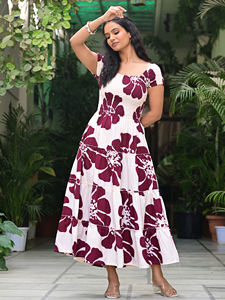 Robe mi-mollet décontractée ethnique en coton 100% tissé écologique à imprimé géométrique blanc et marron pour femmes - Product Image 3