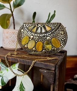 Elegant Mosaic Metal Firoza <b>Clutch</b> <b>Bag</b> with Mother of Pearl Stone Handmade Antique Ethnic Design with Metal Chain - Product Image 1