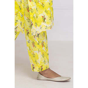 Mono casual de algodón amarillo estampado para mujer con encaje, transpirable, de cintura media, estilo cargo, con técnica arrugada - Product Image 1