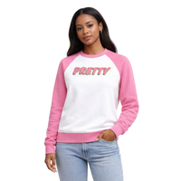 Sweat-shirt d'hiver blanc à col ras du cou et manches raglan pour femme, style sororité grecque, avec badge rose et vert, éco-responsable, à porter devant