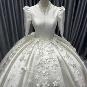 Robe de mariée Jancember CM57 en satin royal, robe de mariée à fleurs 3D, col haut, robe de bal, Vestido De Novia, manches longues, cathédrale, soirée - Product Image 2