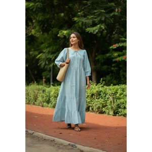 Cotton Midi <b>Dress</b> Stripe Hand Block Print Boho Summer Sundress <b>Pockets</b> Artisan Style Beach Vacation Wear for Day Leisure - Product Image 6