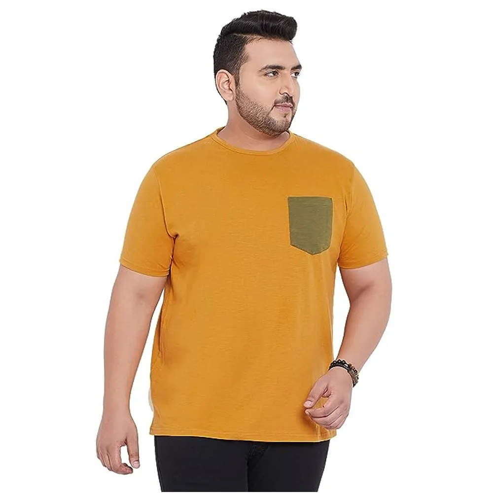 Camiseta de gran tamaño para hombre de calidad superior Camiseta de cuello redondo de color amarillo con bolsillo delantero para hombre