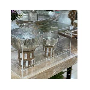 Bol décoratif en acier inoxydable avec support en bois pour vadrouille Ensemble de 2 tailles différentes de forme ronde Bol à dessert à vendre - Product Image 1