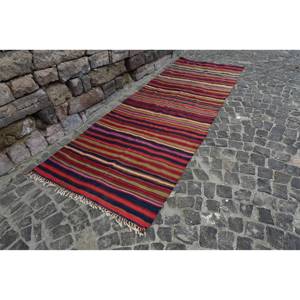 Classic <b>Red</b> Black Striped <b>Wool</b> Rug for Entryway Bedside 4.1 X 11.6ft Rectangle Patchwork Design 10mm Thickness Latex for Summer - Product Image 3