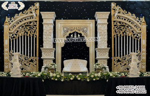 Elegant <b>White</b> <b>Gold</b> Manavarai <b>Saree</b> Function Stage Marvelous Hindu Wedding Ring Funtion Event Stage Elegance Wedding Party Stage - Product Image 5