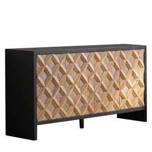 ตู้ไม้ 4 บานสไตล์เรียบง่าย พร้อมลวดลายแกะสลักเรขาคณิต ตู้ข้างเตียงพร้อมกรอบสีดำ สำหรับห้องนั่งเล่น วิลล่า และห้องต่างๆ - Product Image 2