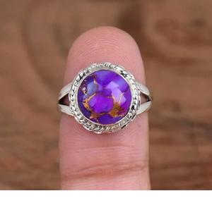 แหวนหินกลมสีทองแดงเทอร์ควอยส์สีม่วง925แหวนเงินแท้วงแหวนถักลวดลายเป็นเส้นทำด้วยมือ - Product Image 1