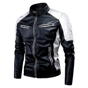 Casual Motorcycle Solid Winter Leather Jacket <b>Men's</b> Stand Collar Zipper Front Logo Anti-Bacterial Waterproof Windproof Patchwork - Product Image 4