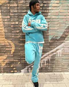 Custom Printed Acid Wash Winter Elastic Bottom Unisex Tracksuits <b>Applique</b> Embroidery Vintage Sun Faded Raw Hem Flared Hoodie Set - Product Image 1