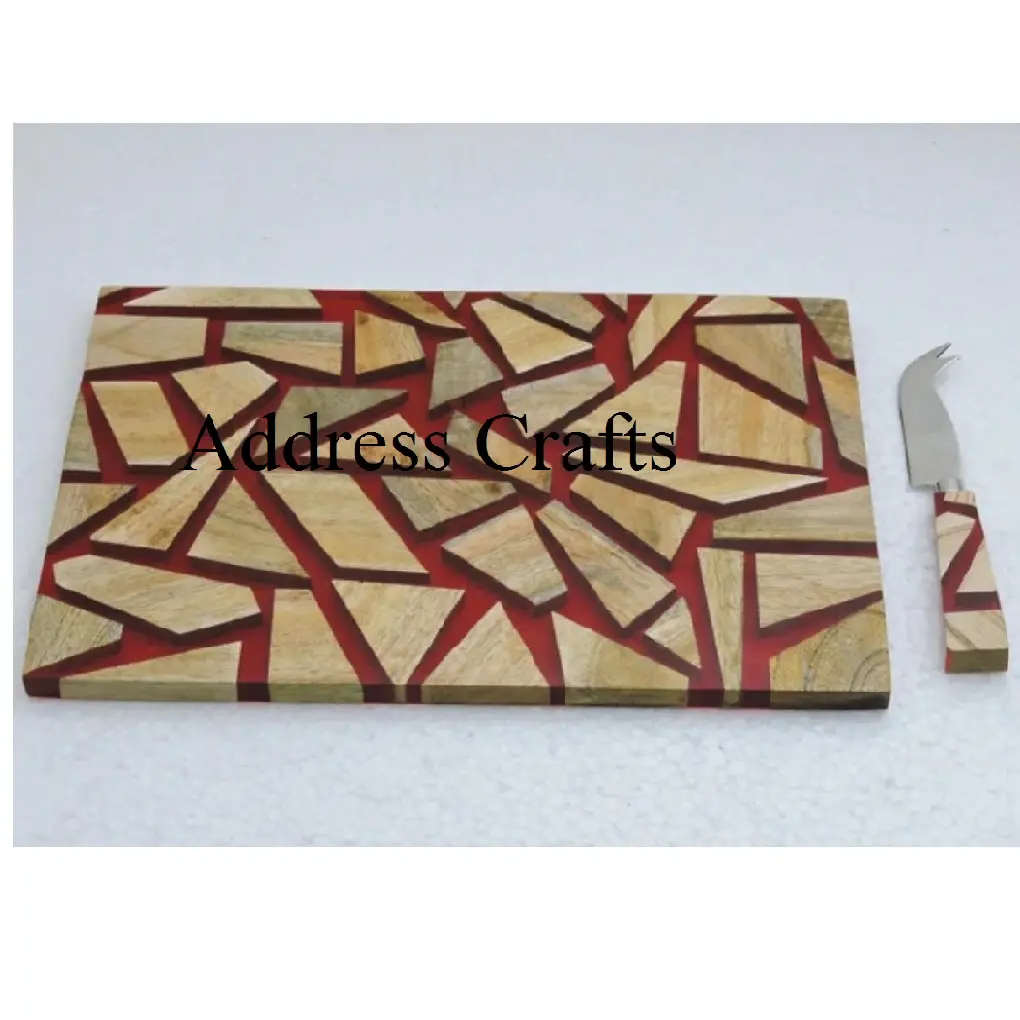 공장 도매 가격 목재 및 수지 도마 천연 아카시아 나무 치즈 절단 칼 세트 부엌 용 도마 블록