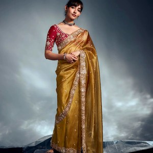 Sari de Moda para Bodas con Bordado Pesado, Trabajo a Mano en el Borde y el Cuerpo, Moti, Cutdana, Lentejuelas, para Mujer - Product Image 1