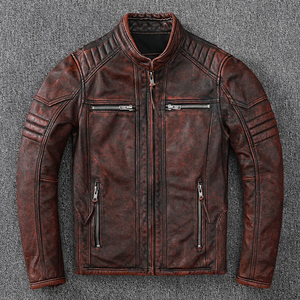 Chaquetas de cuero vintage para hombre, estilo motociclista, con acabado stone wash, 100% cuero genuino de vaca, abrigo de cuero para hombre, ropa de motociclista. - Product Image 2