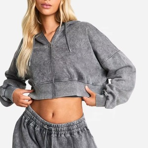 Zip up Hoodie Jogger Sweatsuit Personalizar Vintage Street Wear 2 piezas Set Mujeres Oversize Acid Wash Chándal - Product Image 3