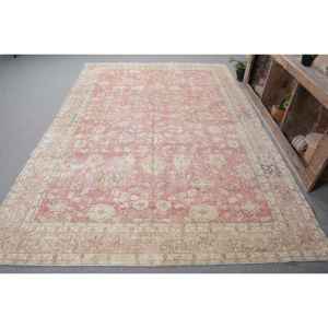 Tapis Vintage Oriental en Laine Rose Beige 6.7 X 10.1ft Patchwork Design pour Salon Couloir Décor Plat Tissage Technique Latex - Product Image 1