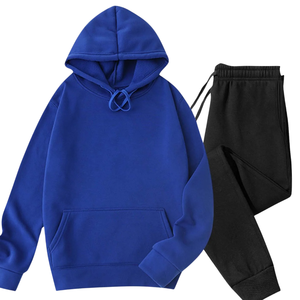 ชุดเซ็ตเสื้อฮู้ดดี้สีน้ำเงินรอยัลพร้อมกางเกงจ็อกเกอร์สีดำ ชุดลำลองสำหรับฤดูหนาว ผ้าฟลีซสองชิ้น ชุดกีฬาลำลอง ขายส่ง รับผลิตตามแบบ OEM - Product Image 2