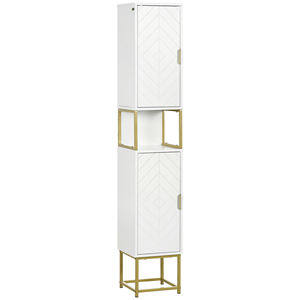 kleankin Bathroom Column with 2 Cabinets and <b>Shelf</b> in MDF and Steel, 30x30x170.7cm, White and <b>Gold</b> - Product Image 1