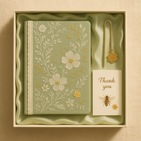Carnet A5 en tissu brodé floral vert melon LABON avec bordure en dentelle, détails dorés et blancs pour un cadeau élégant