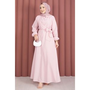 Abito Hijab a Righe Rosa con Laccetti Laterali e Vita Naturale - Product Image 4