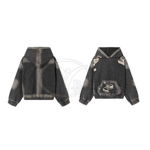 เสื้อฮู้ดดี้ฟอกสีคุณภาพสูงสำหรับผู้ชาย สไตล์วินเทจขาดๆ แบบสตรีทแวร์ ผ้าฝ้าย - Product Image 3