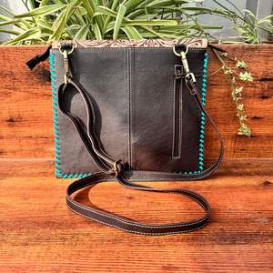 Cowhide Fur Leather Handbag Turquoise <b>Stone</b> Hand Tooled Leather Sling Bag Gypsy Boho Handmade Western Stylish Multi Uses Bags - Product Image 4