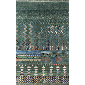 Tapis en laine et soie de bambou noué à la main Freedom Manchaha Green, motif géométrique pour usage domestique - Les-8315 - Product Image 1