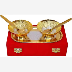 Classic Polished Gold Plated Brass Serving <b>Bowls</b> <b>Set</b> with Tray Spoons in Velvet Box-Eco-Friendly Corporate Gifts - Product Image 5