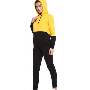 Ensemble deux tons pour femme, jaune et noir, ensemble de survêtement à capuche, veste pull et pantalon de jogging, tenue décontractée - Product Image 1