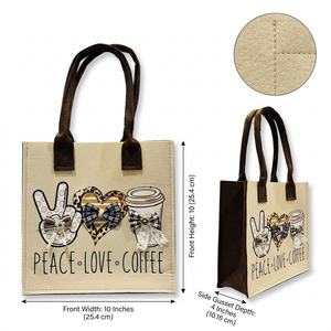 กระเป๋าผ้าสักหลาดลาย Peace Love Coffee พร้อมลายหัวใจเสือดาวและลายแก้วกาแฟ ดีไซน์เปิดด้านบน สำหรับเดินทางและแฟชั่น - Product Image 1
