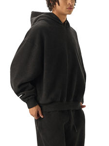 Sweat à capuche surdimensionné noir respirant 100% coton personnalisé pour homme, broderie, lavage à l'acide, streetwear, sweat à capuche - Product Image 6