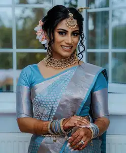 제시 매혹적인 로얄 블 리 컬러 Banarasi Sarees 남쪽 인도 웨딩 착용 사리 hevy reach pallu