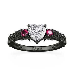 Anillo Jeulia Gótico con Corazón de Flor Negra en Plata de Ley - Product Image 1