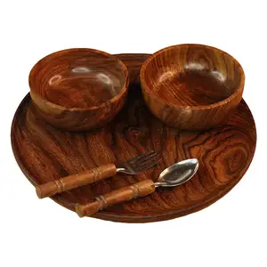 Sheesham-cuenco de servicio tradicional de madera, 2 cucharas y 1 plato, Color marrón