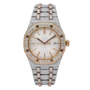 Montre de luxe en diamant Moissanite en édition limitée avec mouvement à quartz au design glacé VVS ton rose complet Bracelet en acier inoxydable - Product Image 1