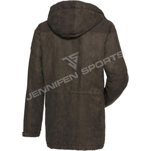 Venta al por mayor chaqueta de caza para hombre con capucha Shell 100% cremallera de cuero sintético y botones de cierre bolsillos delanteros Interior forro de poliéster - Product Image 2