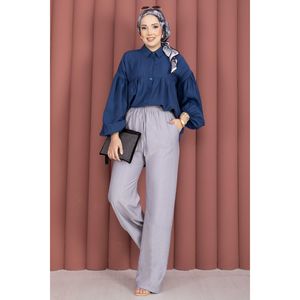 Grey Casual Wide Leg <b>Trousers</b> with <b>Elastic</b> High Waistband Breathable Oxford Fabric Mid <b>Waist</b> Wrinkled Cargo Flare Style - Product Image 1