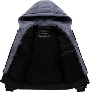 Veste en similicuir pour hommes, veste de moto imperméable et coupe-vent en PU, blouson à capuche vintage avec capuche amovible - Product Image 3