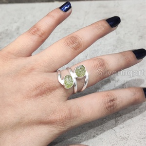 Bijoux en pierre brute bague pour femme péridot naturel pierre précieuse brute août pierre de naissance Double pierre bijoux bague en argent Sterling 925 - Product Image 2