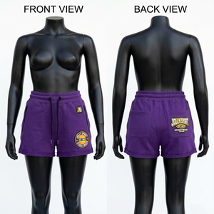 Shorts morados de mezcla de algodón grueso de 380 GSM con apliques bordados y logotipo personalizado para mujer - Product Image 1