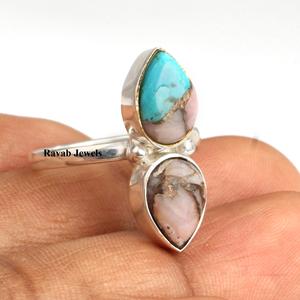 2025 Natural Pink <b>Opal</b> Copper Turquoise Vermeil Double Pear 10x14mm Gemstone Eternity Ring Handmade Jewelry Wholesale <b>Gift</b> - Product Image 6