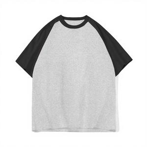 Camiseta de Manga Corta para Hombre, Estilo Raglán, Oversize, Gris y Negro, Cuello Redondo, Casual, de Algodón, Color Sólido - Product Image 1