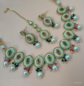 Indian Fancy Traditional and Fashionable Gold Tone Kundan Pearl Choker <b>Necklace</b> Earrings <b>Set</b> With Mangtikka <b>for</b> <b>Women</b> and Girls - Product Image 1