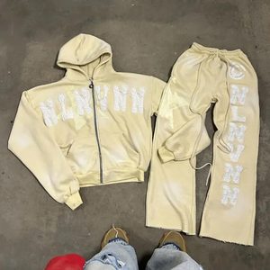 Conjuntos de Sudadera con capucha de alta calidad, logotipo bordado personalizado, chándales apilados, pantalones de chándal apilados acampanados con Sudadera con capucha, conjunto de chándal - Product Image 5
