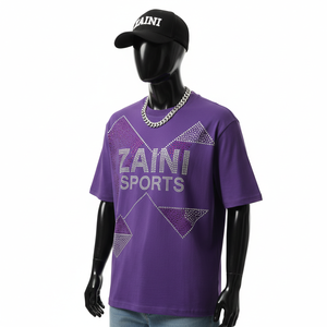 Men Boxy T <b>Shirt</b> Luxury 240 GSM Cotton Fabric <b>Purple</b> Color Crystal Heat Transfer Logo Relaxed Fit men's <b>shirts</b> - Product Image 4